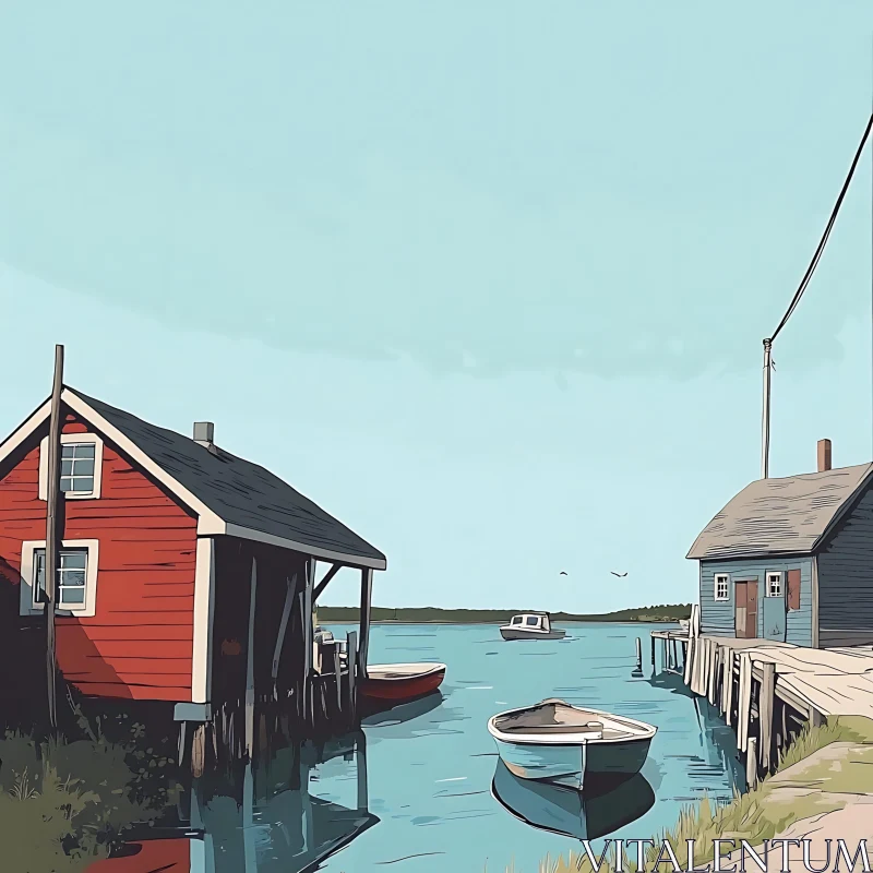 Peaceful Lakeside with Boat Houses AI Image