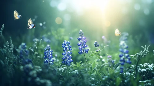 Lupine Flowers and Butterflies in Sunlit Field