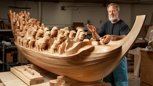 Artisan's Wooden Animal Boat Sculpture