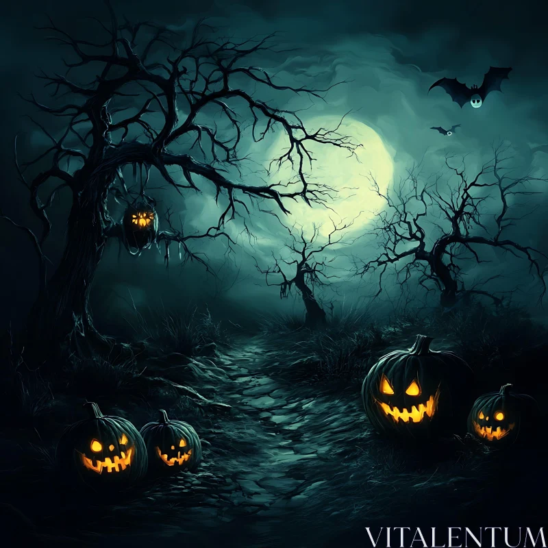 Spooky Moonlit Night with Jack-o'-Lanterns and Bats AI Image