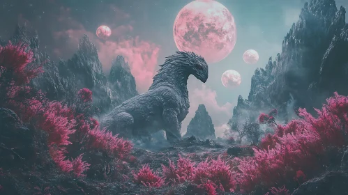 Fantastical Dragon Scene with Pink Moons and Alien Terrain