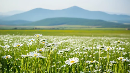 Peaceful Field of Daisies Against Mountain Panorama