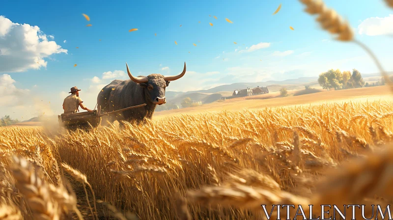 Rural Harvest Scene with Farmer, Bull, and Wheat Field AI Image