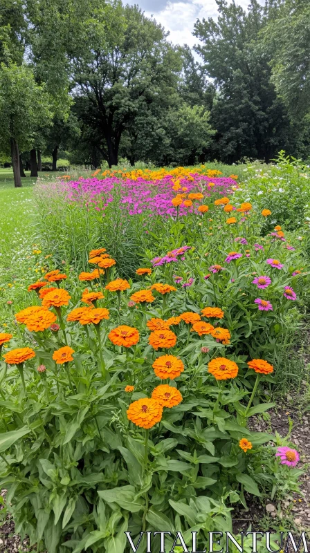 Vivid Zinnias in a Peaceful Garden Setting AI Image