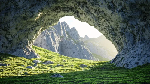 Serene Cave Opening to Mountain Landscape