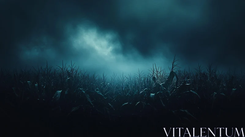 AI ART Nighttime Cornfield with Eerie Fog