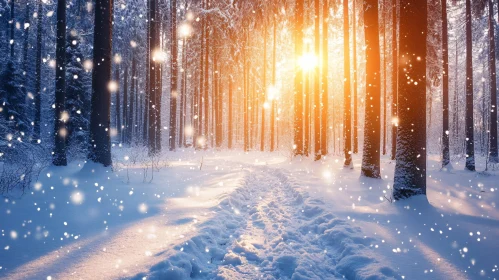 Peaceful Snowy Forest with Golden Sunlight