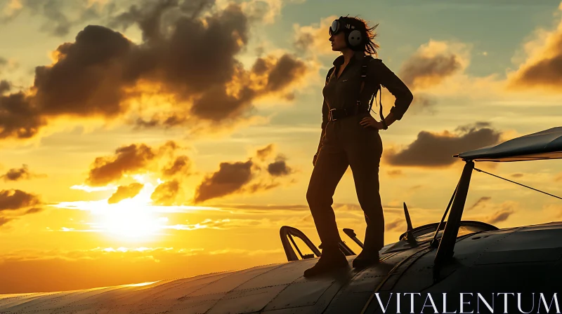 Sunset Aviator Silhouette on Airplane Wing AI Image