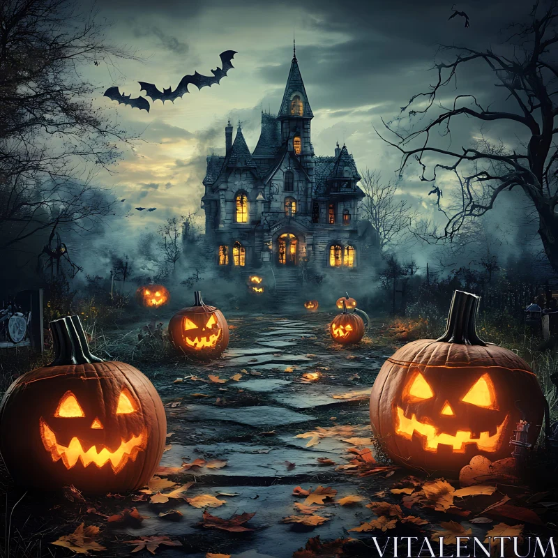 Haunted Halloween Scene with Pumpkins and Bats AI Image