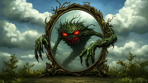 Haunting Fantasy Creature in Organic Mirror