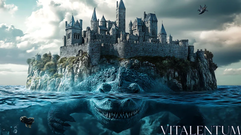 Fantasy Castle with Sea Monster and Flying Dragon AI Image