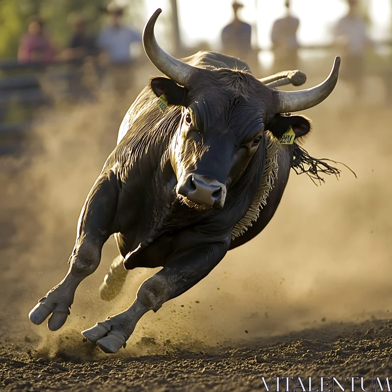 Charging Bull Kicking Up Dust in Arena AI Image