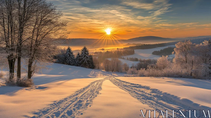 AI ART Golden Sunset in a Winter Wonderland