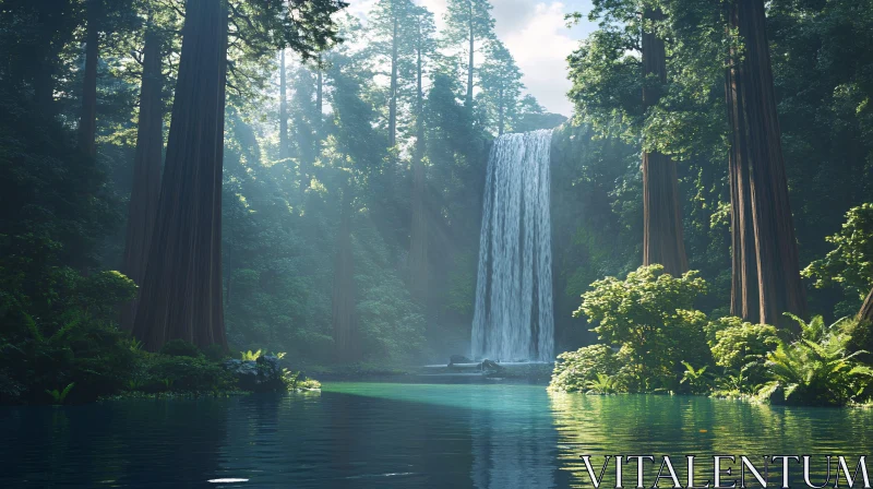 Peaceful Waterfall Amidst Tall Trees AI Image