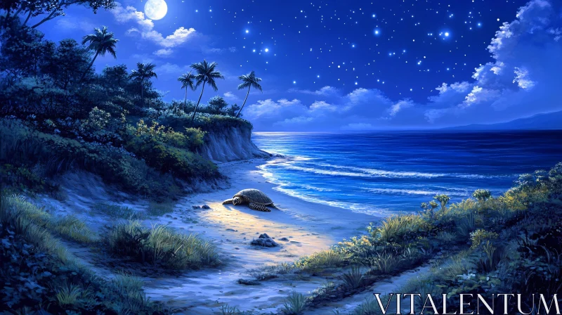 Moonlit Beach Night Scene with Turtle AI Image