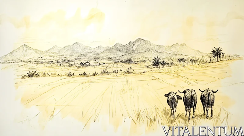 Buffaloes in Tranquil Countryside Sketch AI Image