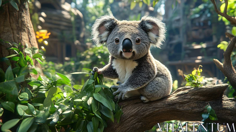 Koala on Tree in Sunlit Forest AI Image