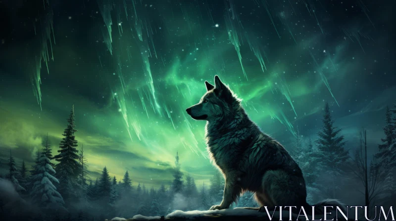 Snowy Aurora Borealis Scene with Dog - Digital Painting AI Image