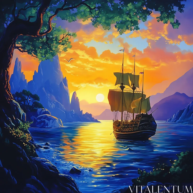 Tranquil Maritime Sunset Scene AI Image