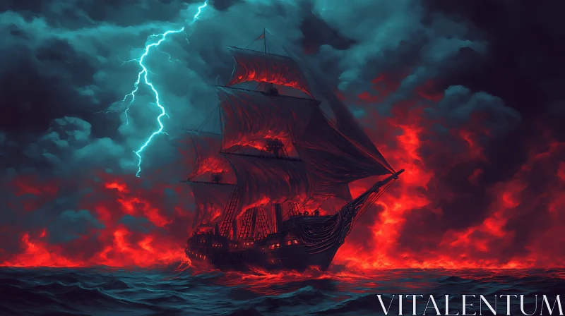 Ship in a Violent Ocean Storm with Red Glow and Lightning AI Image