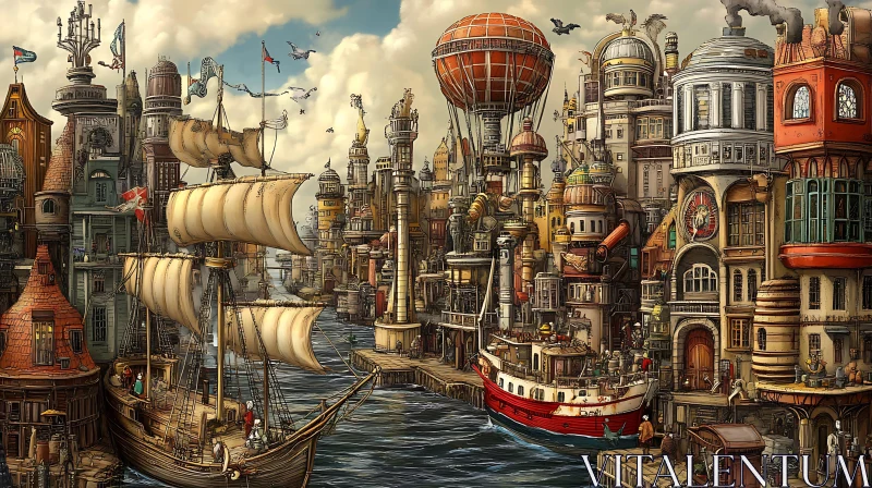 Whimsical Steampunk Harbor Scene AI Image