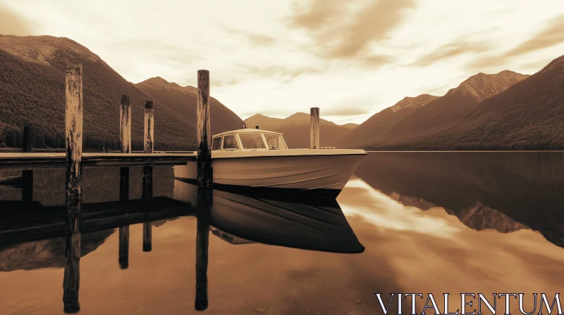 Nostalgic Sepia-Toned Lake with Docked Boat AI Image