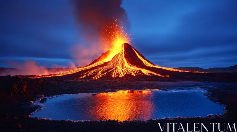 AI ART Erupting Volcano with Fiery Lava and Reflective Lake