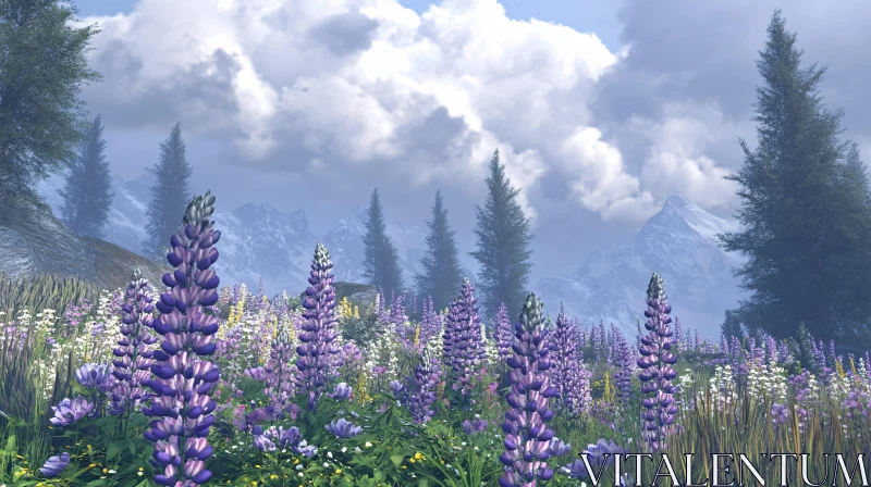 AI ART Purple Wildflowers Under Majestic Mountains