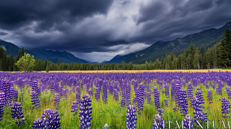 AI ART Purple Lupine Flowers in Mountain Landscape