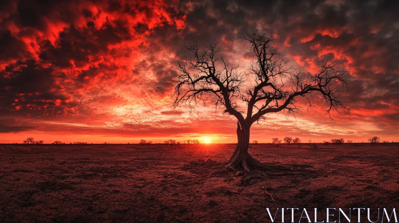 Dramatic Sunset Landscape with Tree Silhouette AI Image