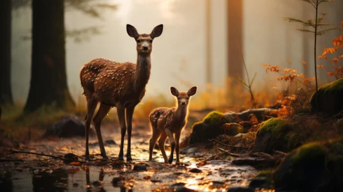 Ethereal Forest Scene: Mother and Fawn Deer at Sunset