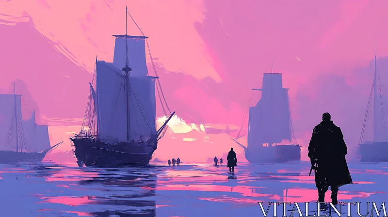 Sunset over Serene Ocean with Sailing Ships