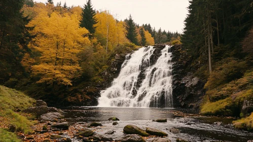 Autumn Waterfall in a Picturesque Forest