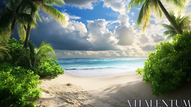 AI ART Serene Tropical Beach with Palm Trees and Ocean