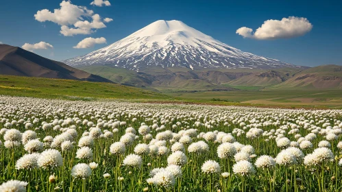 Majestic Mountain Landscape with Flower Field