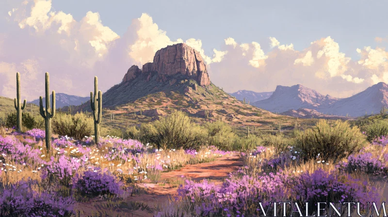 AI ART Desert Beauty with Blooming Flora and Rocky Mountains