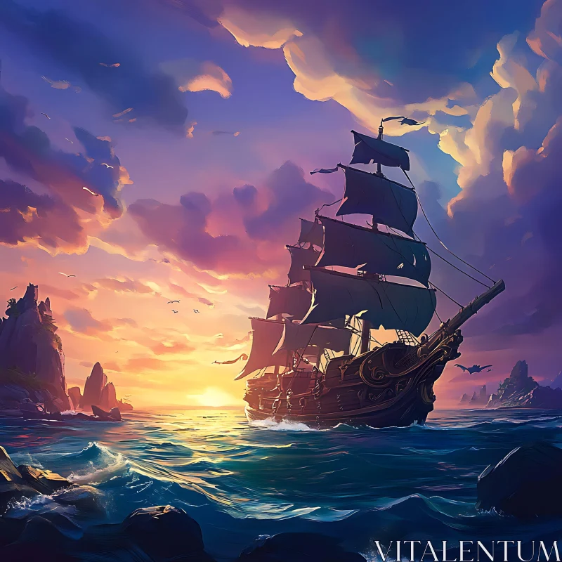 AI ART Serene Voyage: Ship at Sunset