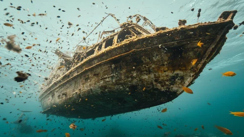 Underwater Shipwreck with Fish and Marine Debris
