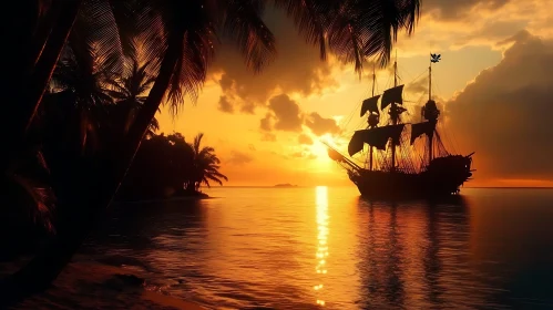 Serene Sunset Scene with Anchored Ship
