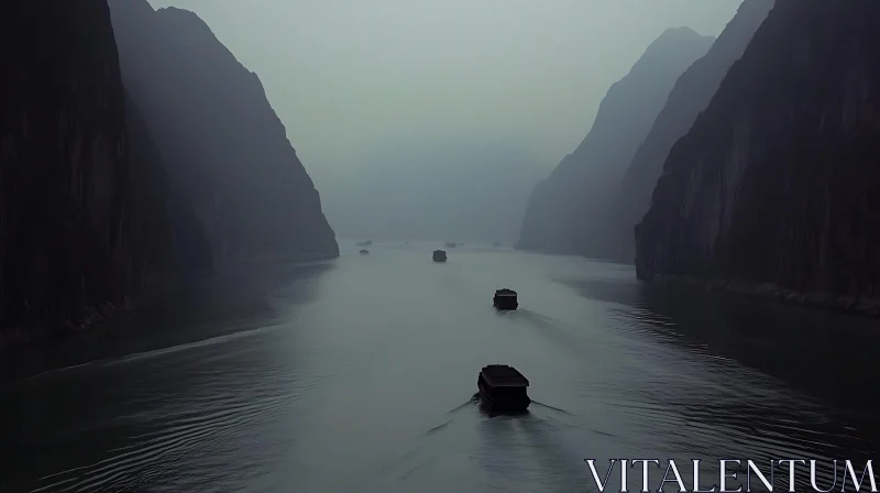 AI ART Misty Mountain River with Boats