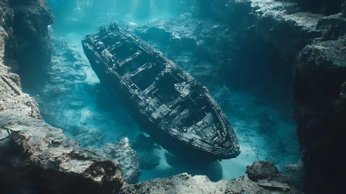 Underwater Shipwreck in Rocky Ocean Depths