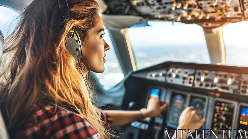 AI ART Female Pilot in Checkered Shirt Operating Aircraft
