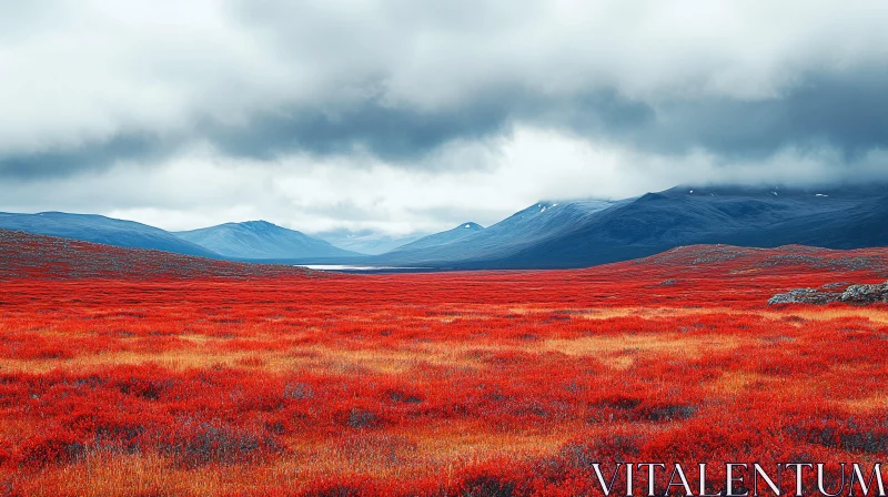 AI ART Contrast of Red Foliage and Blue Mountains