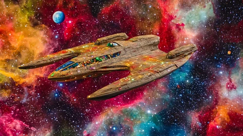 Spaceship Navigating a Vibrant Galaxy