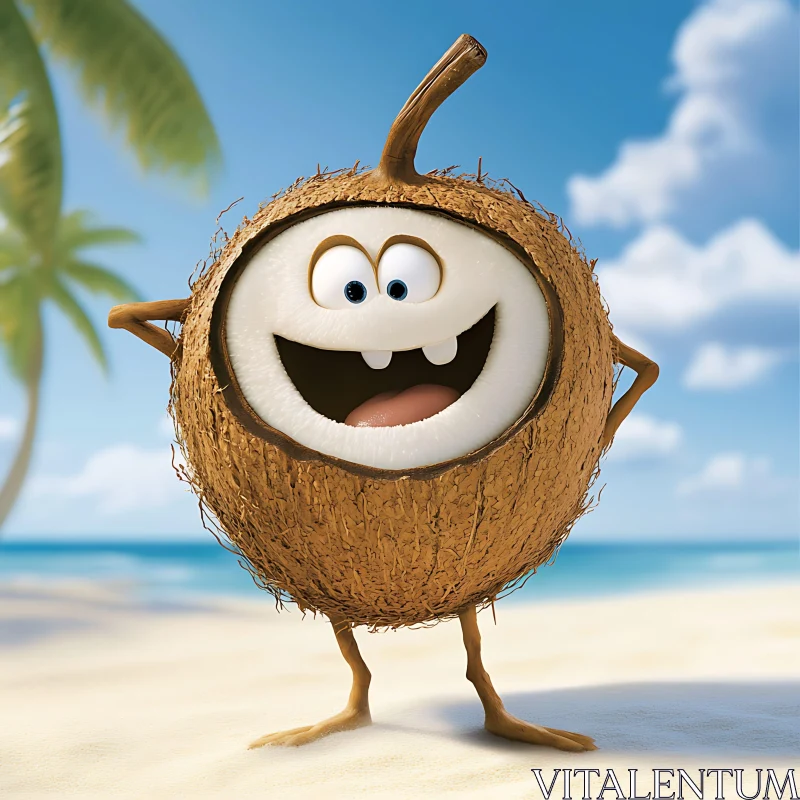 Animated Smiling Coconut on Tropical Beach AI Image