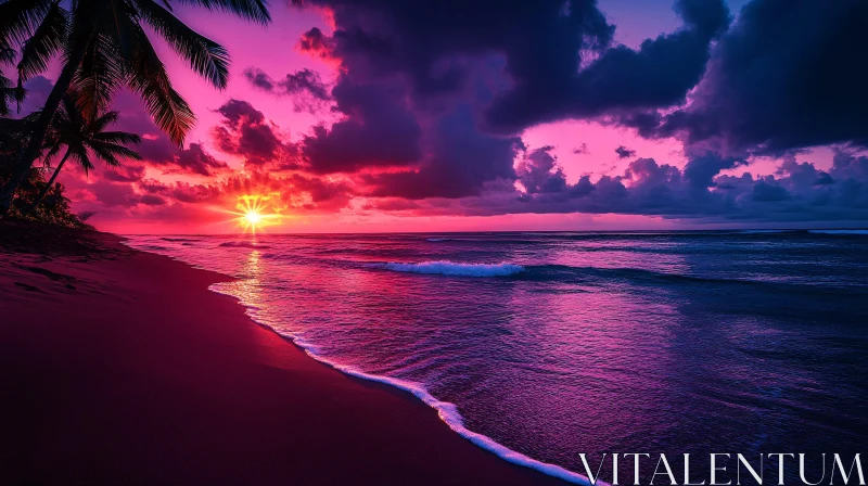 AI ART Tropical Beach Sunset with Palm Trees