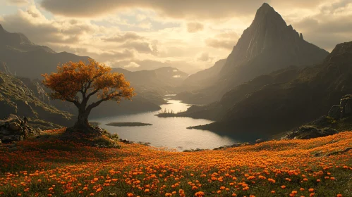 Golden Hour Over Mountain and Lake with Blooming Flowers