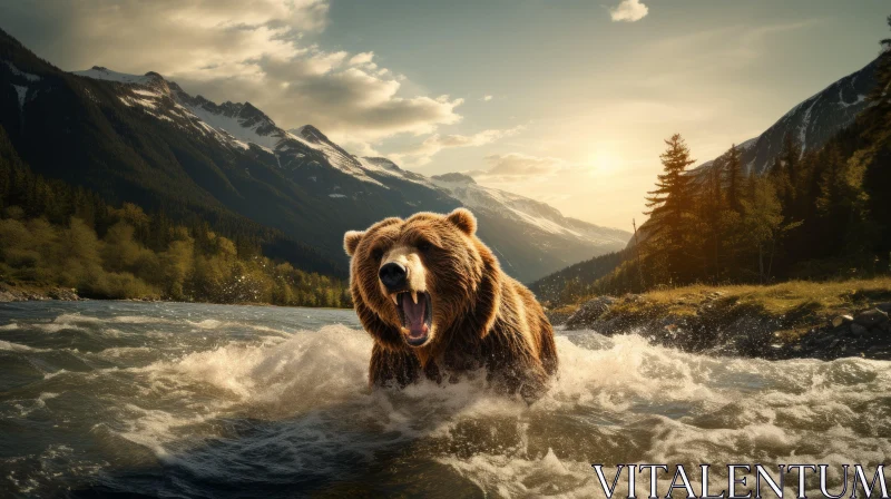 Epic Adventure: Brown Bear Crossing River Against Mountainous Backdrop AI Image