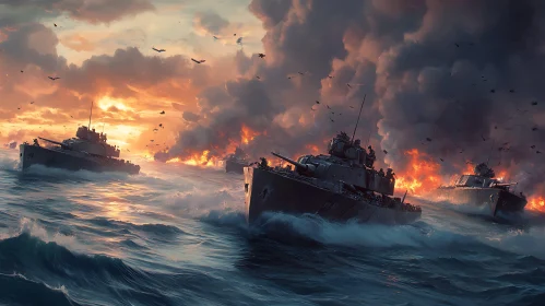 Sunset Naval Warfare with Warships and Smoke