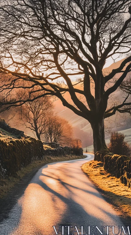 AI ART Peaceful Early Morning Road with Tree Shadows